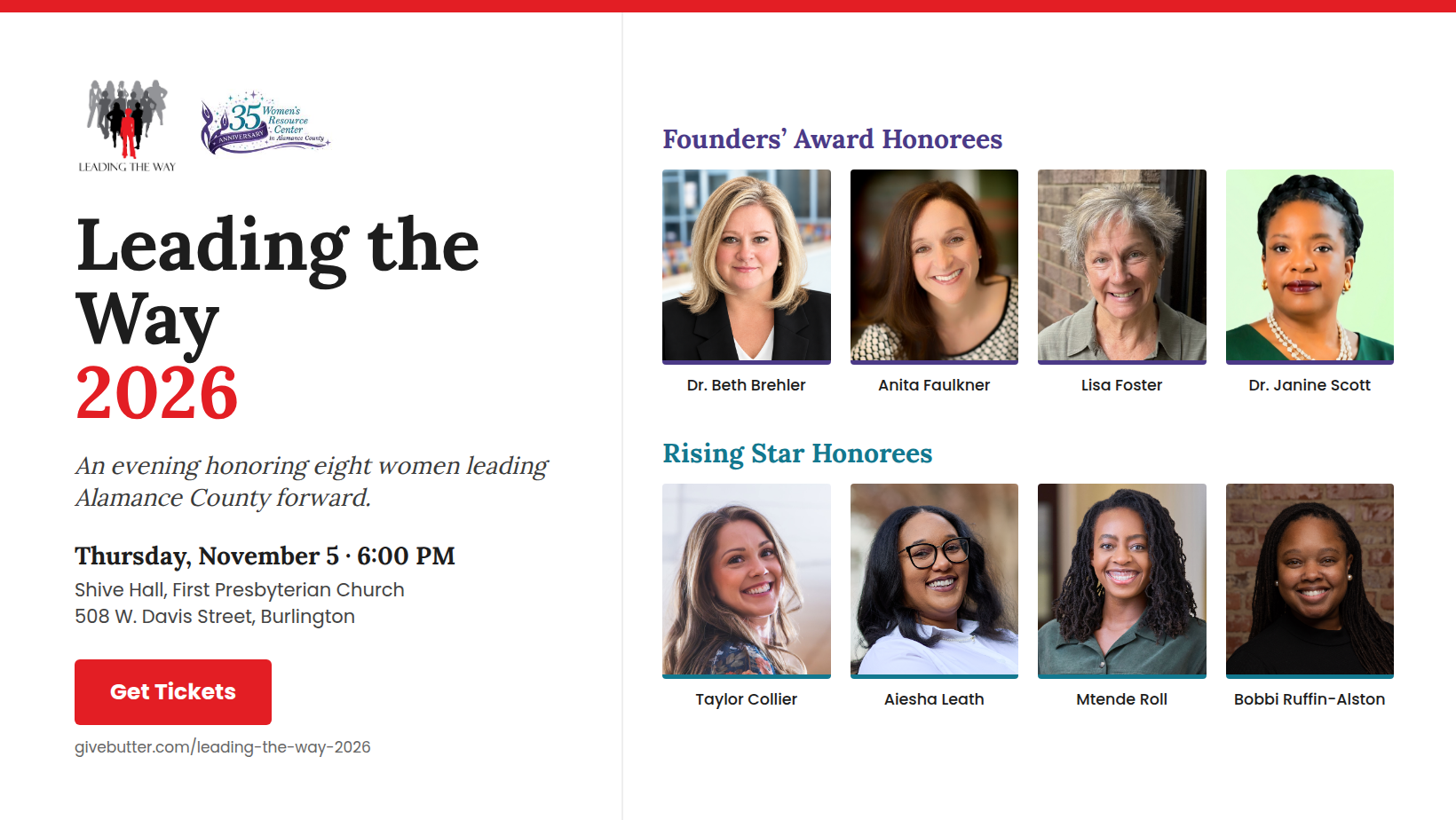 LTW-2026-Homepage-Banner-1640x924 Leading the Way 2026: celebrating eight Alamance County women leaders on Thursday, November 5, at 6 PM at Shive Hall, First Presbyterian Church, Burlington. Get tickets.